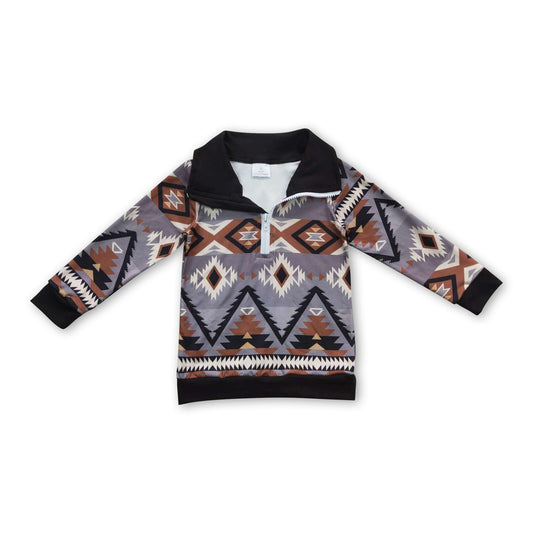 Grey brown aztec long sleeves kids western zipper pullover
