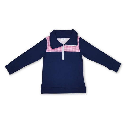 Navy cotton red plaid kids boy zipper pullover