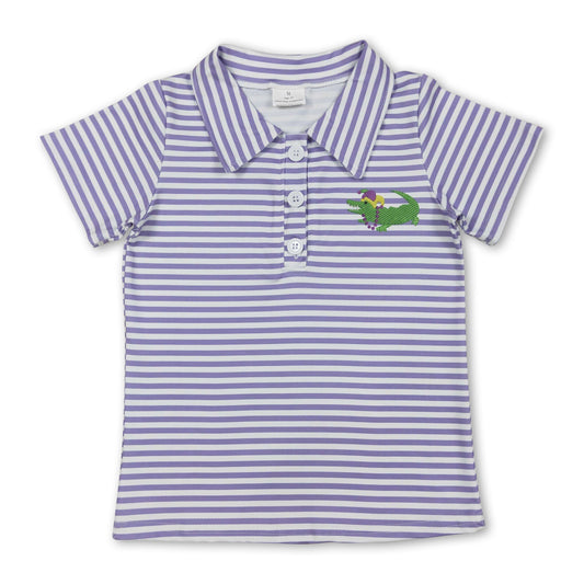 Short sleeves purple stripe alligator boys Mardi Gras polo shirt