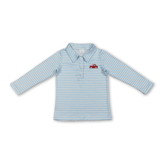 Light blue stripe heart truck kids boys Valentine's polo shirt
