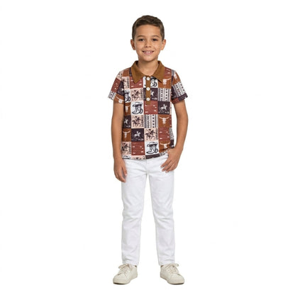 Short sleeves bull skull rodeo western boys polo shirt