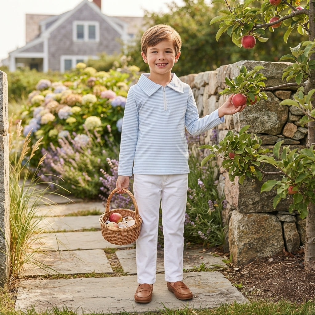 Long sleeves light blue stripe kids boys zipper pullover