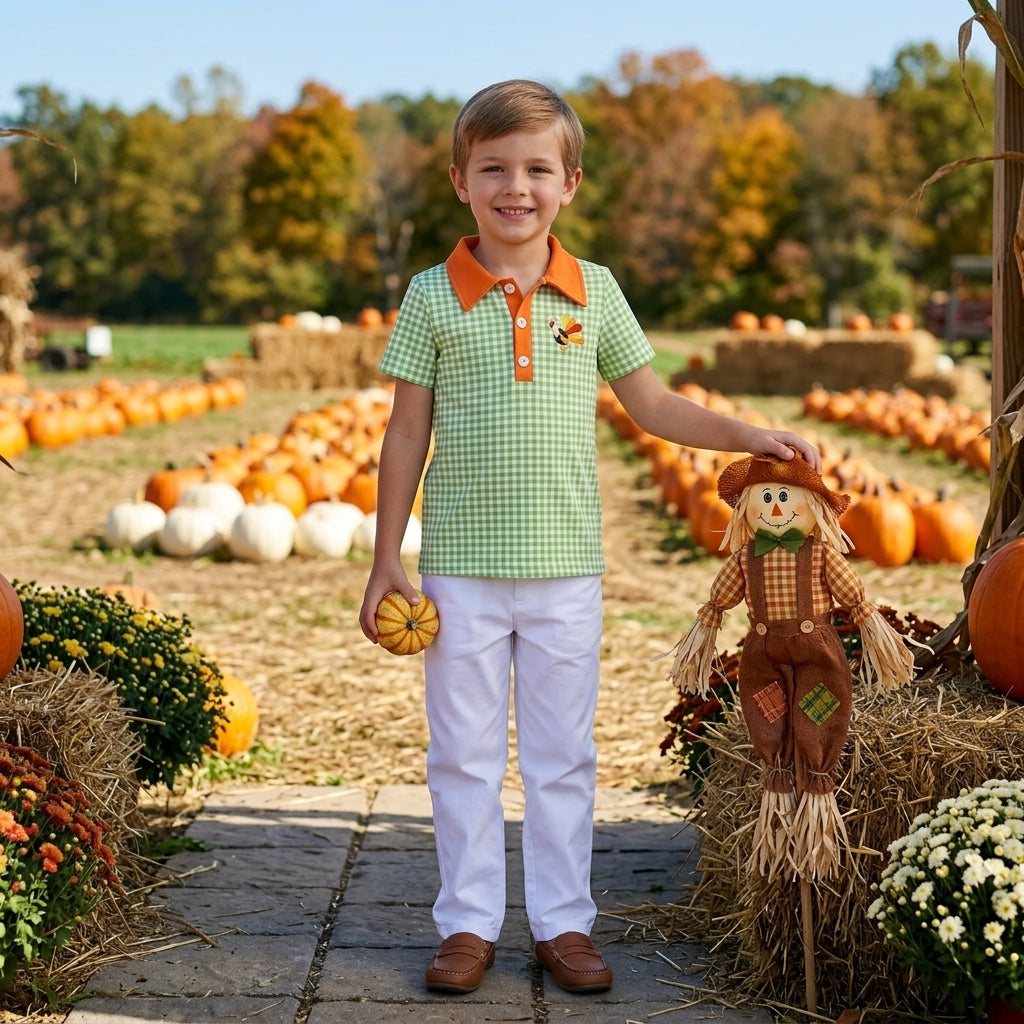 Plaid turkey embroidery boy Thanksgiving polo shirt