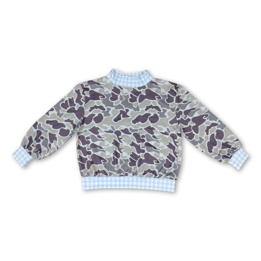 Long sleeves light blue plaid mock neck camo boys top