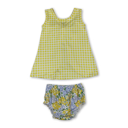 Sleeveless yellow plaid top floral bummies baby girls set