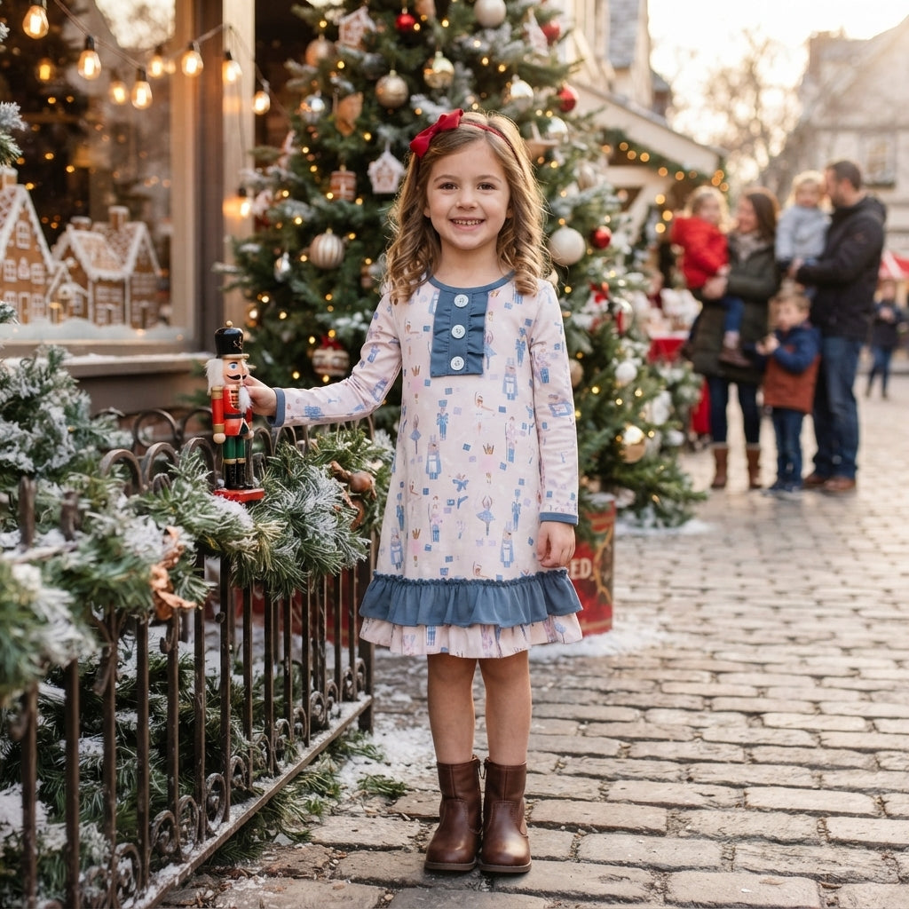 Long sleeves ruffle king ballet kids girls Christmas night dress