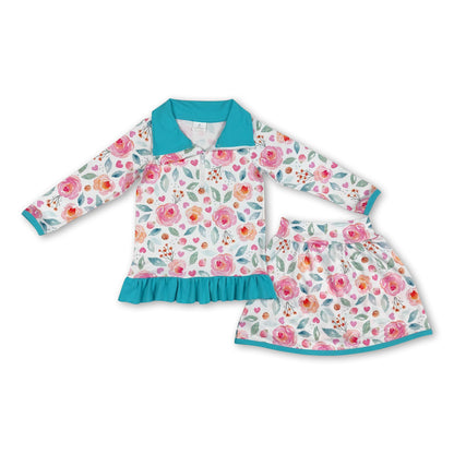 Aqua ruffle floral pullover skirt kids girls clothing set
