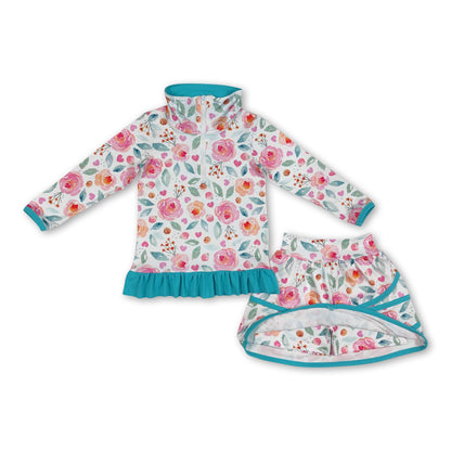 Aqua ruffle floral pullover skirt kids girls clothing set