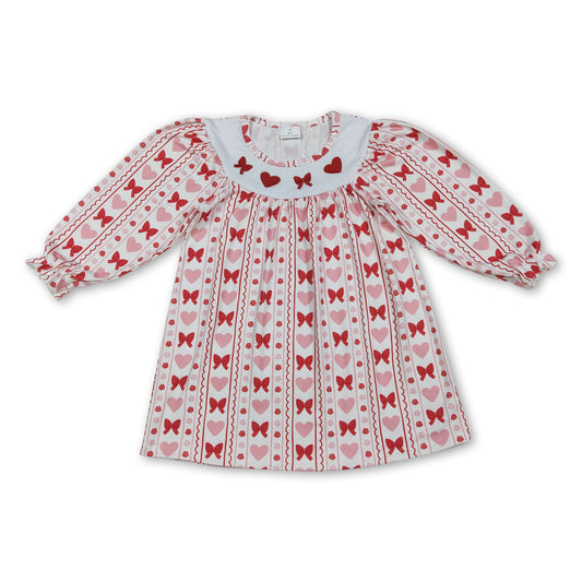 Long sleeves heart bow embroidery girls Valentine's dress