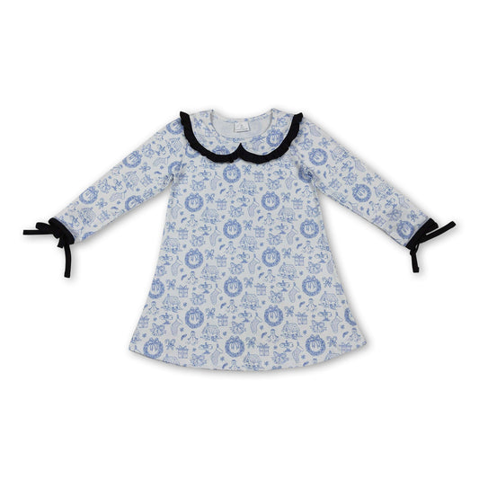 blue Christmas house kids girls long sleeve dresses