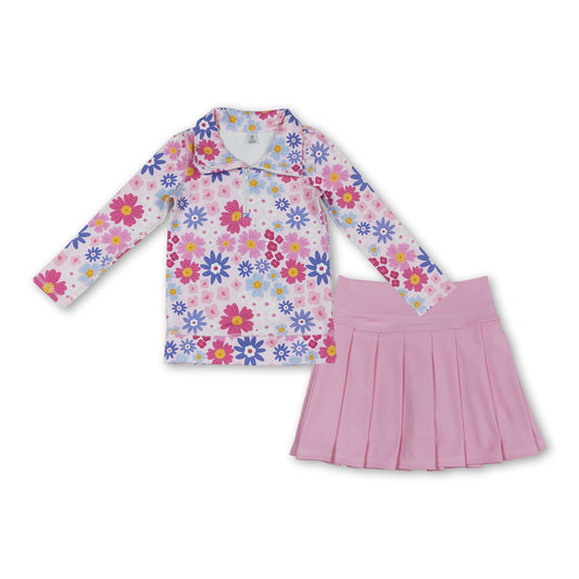 Floral pullover  pink pleated skirt girls yoga activewear set