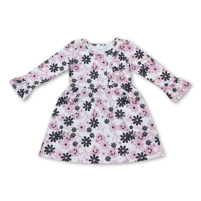 Long sleeves pink bow pumpkin floral girls Halloween dress