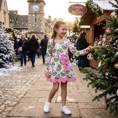 Long sleeves pink plaid scallop girls Christmas athletic dress