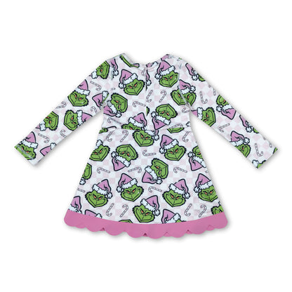Long sleeves pink plaid scallop girls Christmas athletic dress
