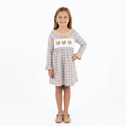 Plaid turkey embroidery girls Thanksgiving dress