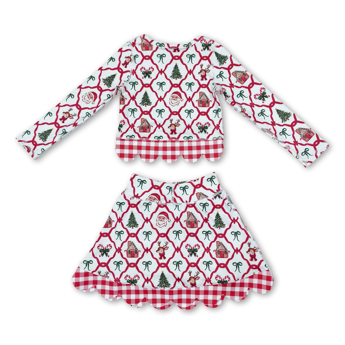 Santa deer bow scallop girls Christmas active wear set