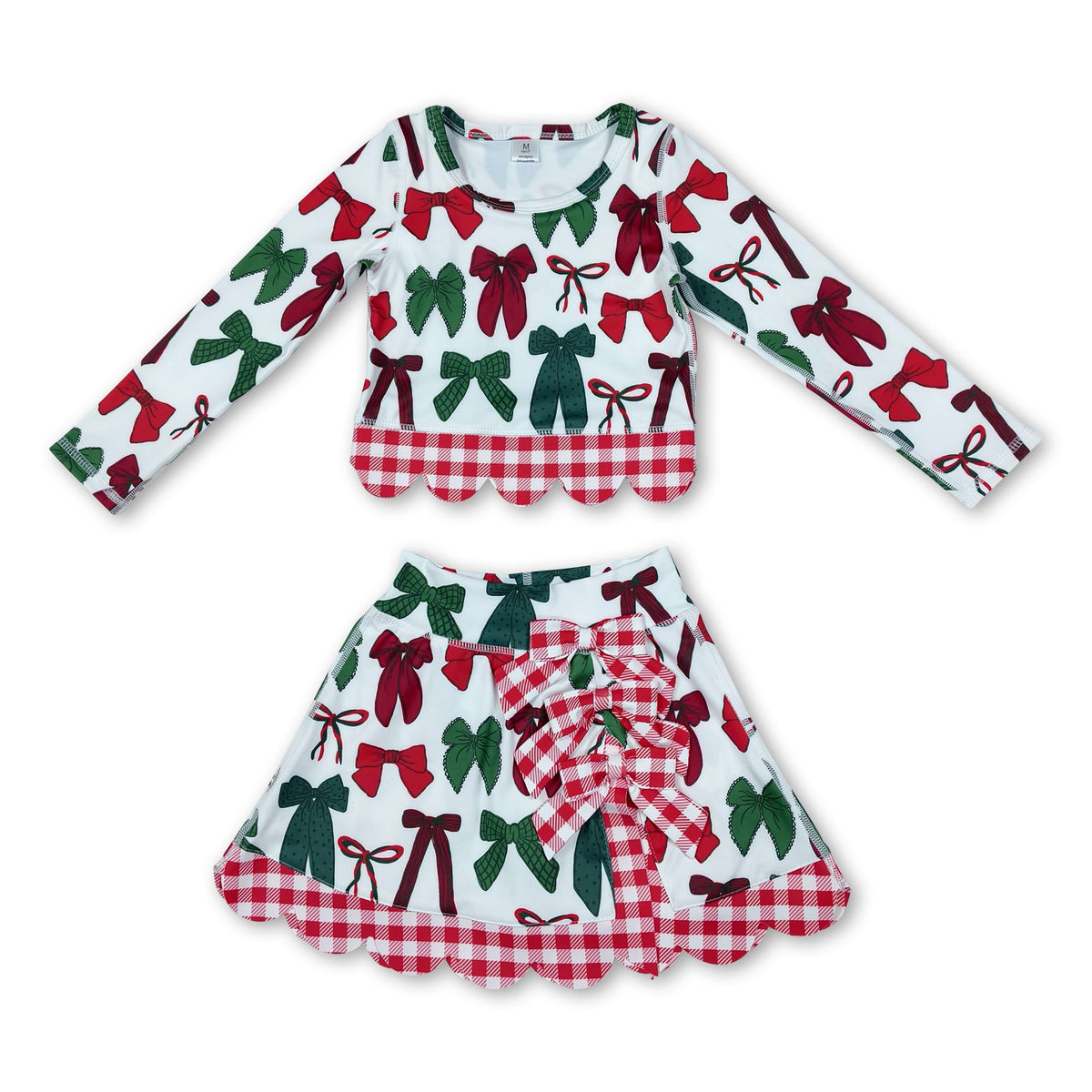 Red green bows scallop girls Christmas active wear set