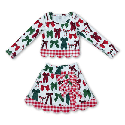 Red green bows scallop girls Christmas active wear set