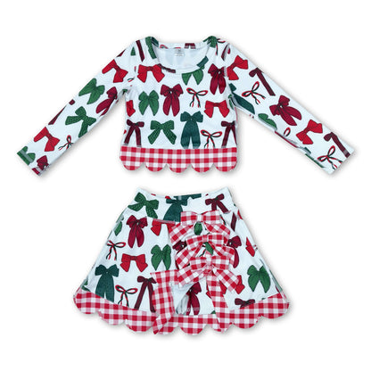 Red green bows scallop girls Christmas active wear set