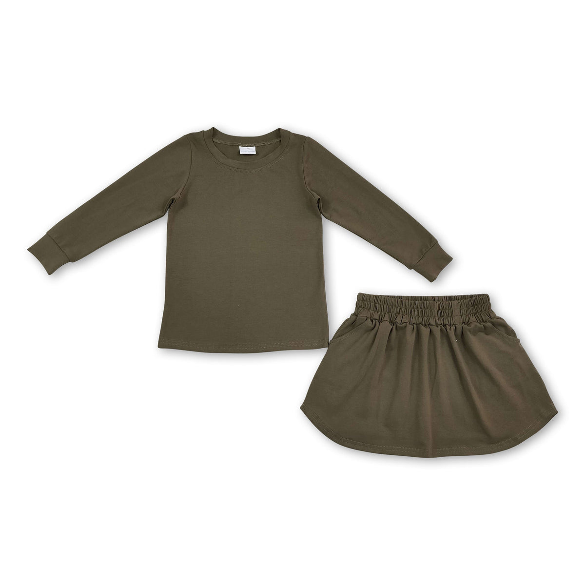 Long sleeves olive cotton top skirt kids girls outfits