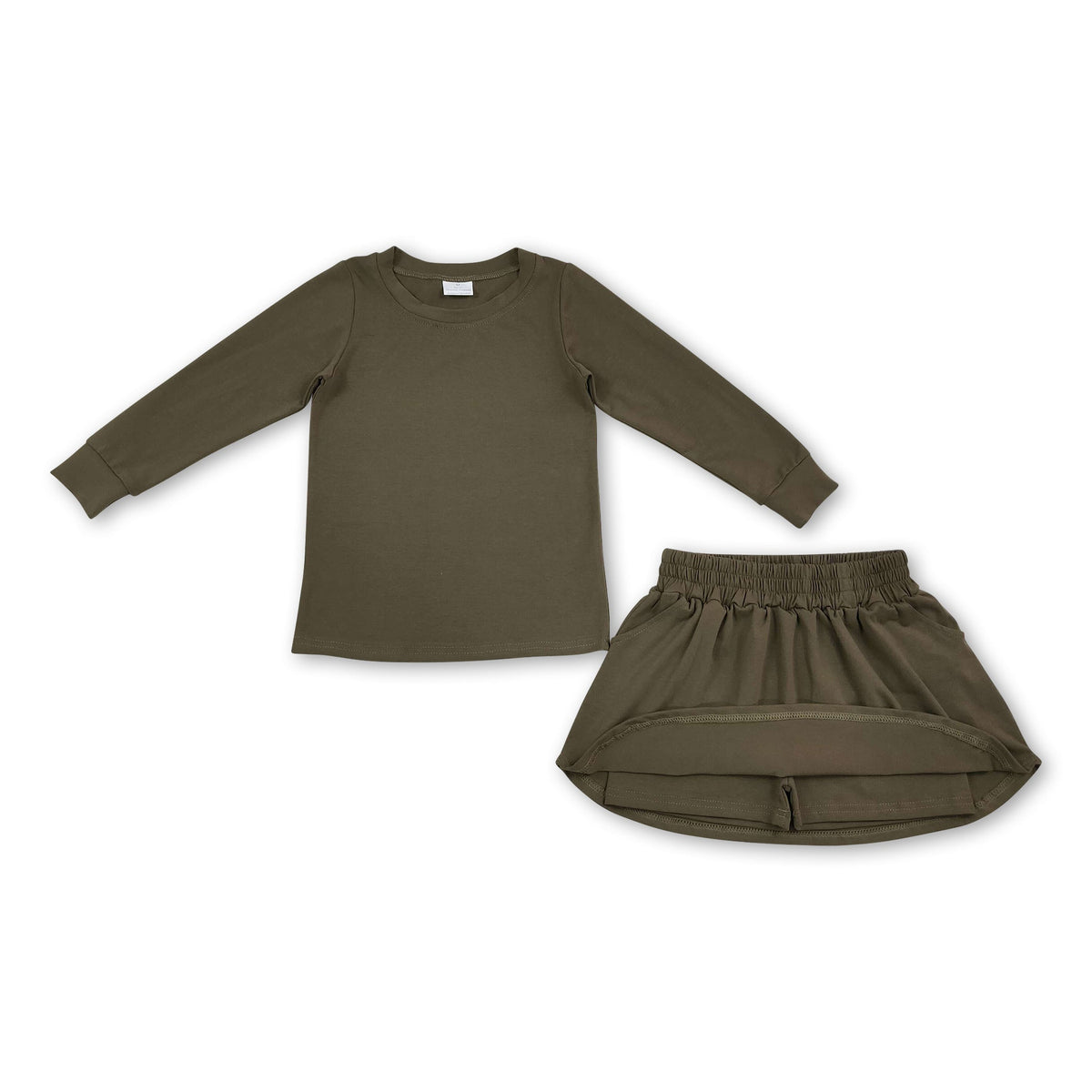 Long sleeves olive cotton top skirt kids girls outfits