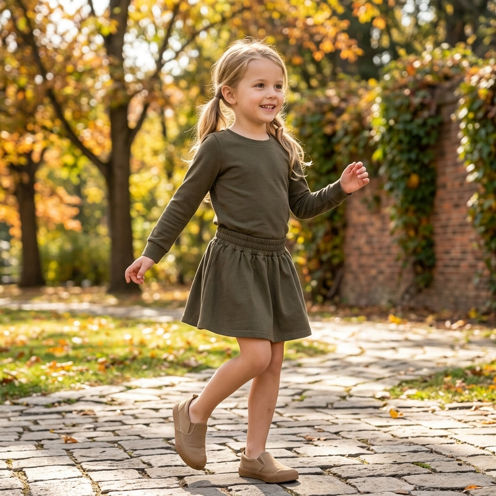 Long sleeves olive cotton top skirt kids girls outfits