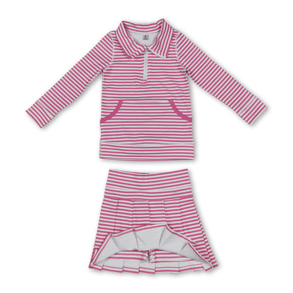 Pink stripe pullover pleated skirt girls active wear set
