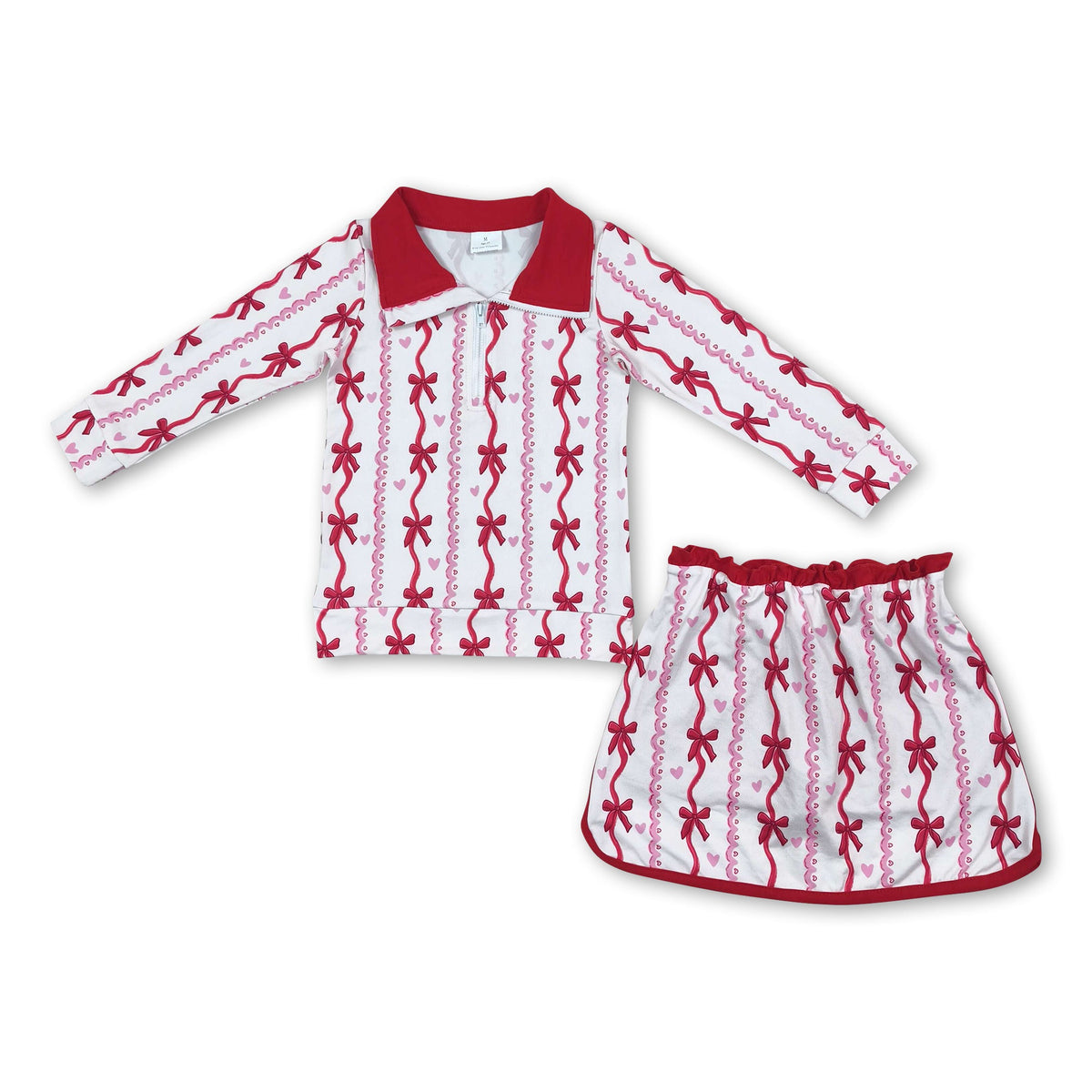 Red bow heart pullover skirt girls Valentine's set