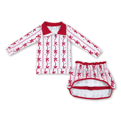 Red bow heart pullover skirt girls Valentine's set