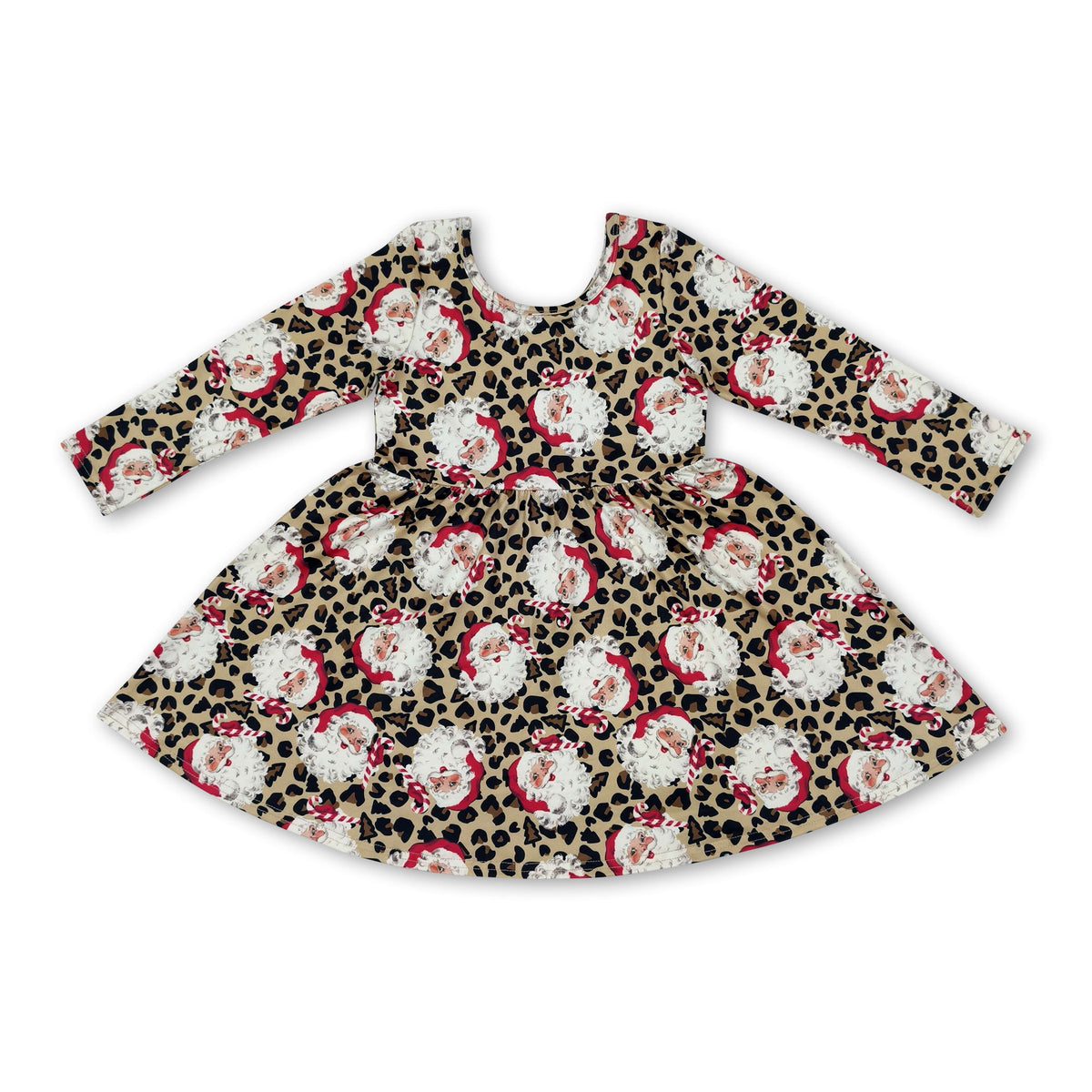 Long sleeves leopard santa kids girls Christmas dress