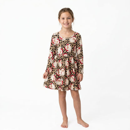 Long sleeves leopard santa kids girls Christmas dress