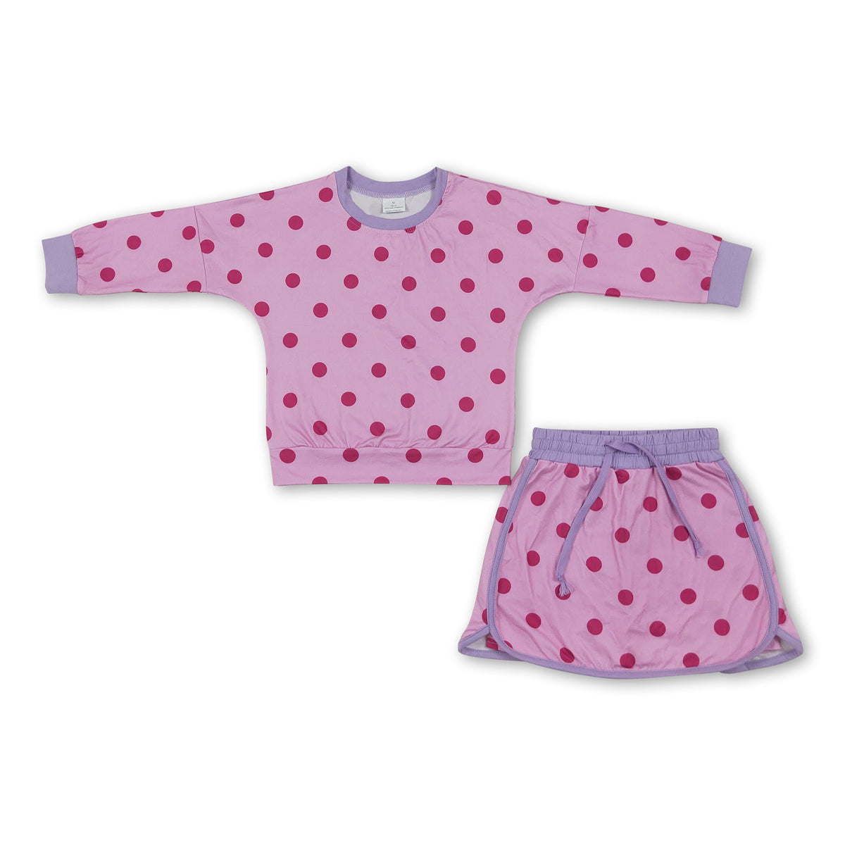 Long sleeves hot pink polka dots top skirt girls outfits