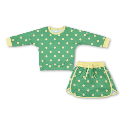 Long sleeves green yellow polka dots top skirt girls outfits