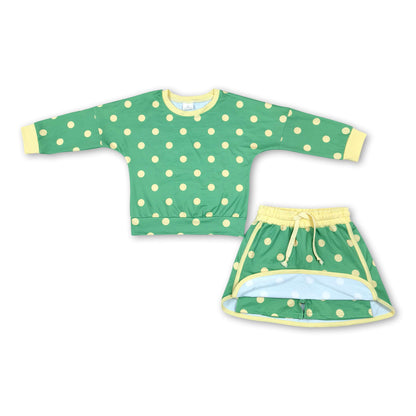 Long sleeves green yellow polka dots top skirt girls outfits