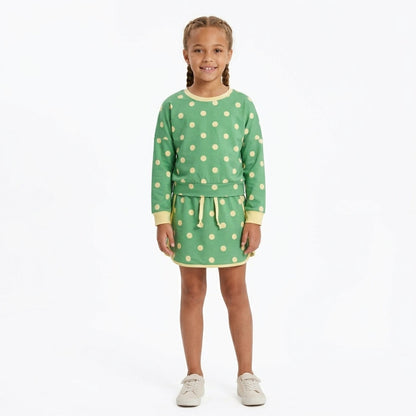 Long sleeves green yellow polka dots top skirt girls outfits