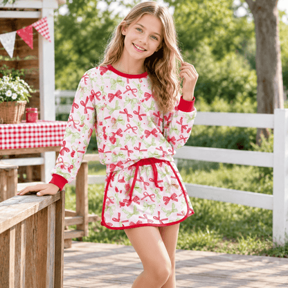 Red green plaid bow top skirt girls Christmas outfits