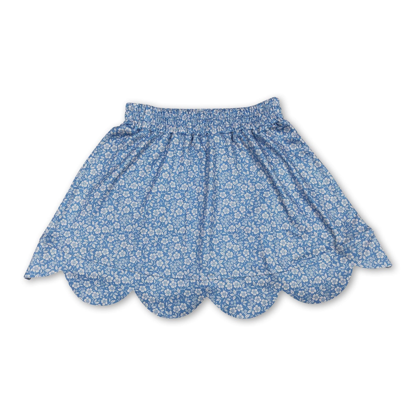Blue floral elastic waist scallop kids girls skirts