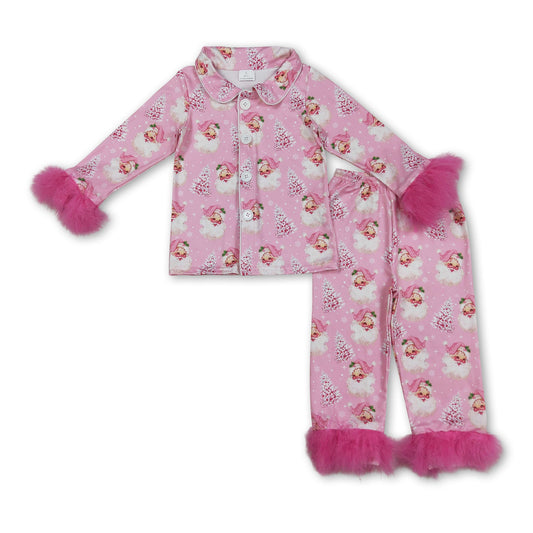 Pink fur Christmas tree santa girls button down pajamas