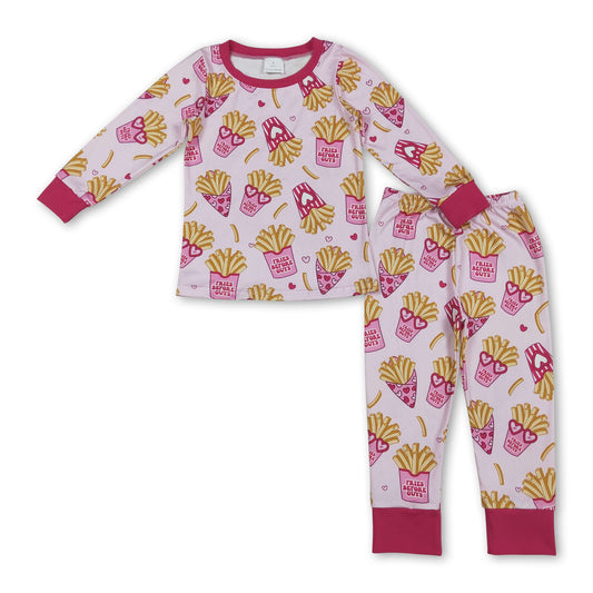 Heart fries long sleeves top pants kids girls Valentine's pajamas