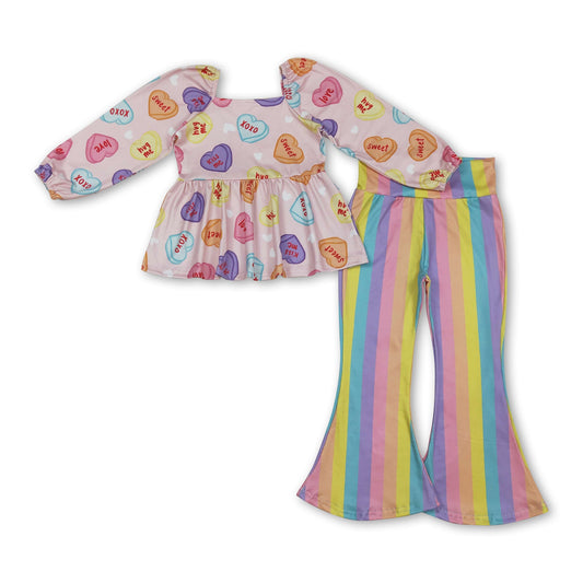 Heart peplum colorful stripe pants girls Valentine's clothes