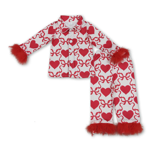 Red fur sleeves heart bow girls Valentine's pajamas