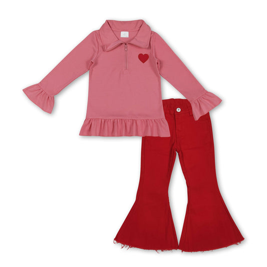 Red heart embroidery pullover jeans girls Valentine's set