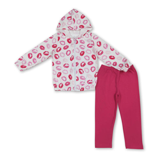 Lip hooded jacket leggings kids girls valentine's outfits