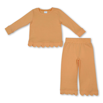 Orange long sleeves scallop top pants kids girls outfits