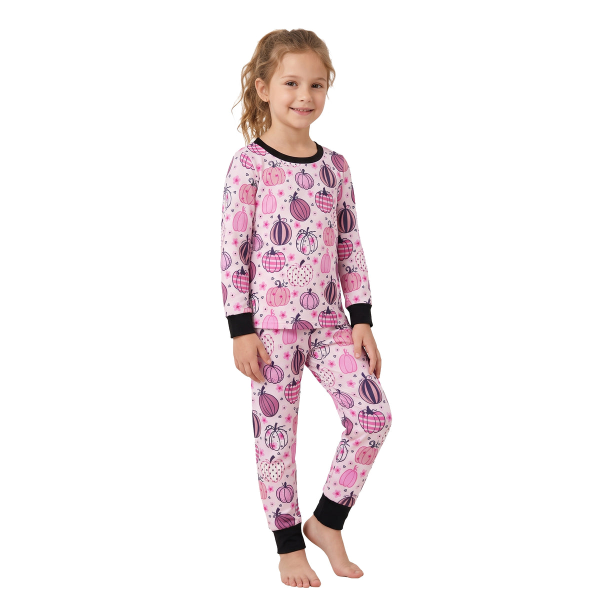 Long sleeves pink floral pumpkin girls fall pajamas