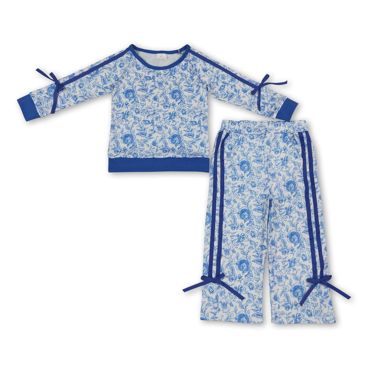 Long sleeves blue floral top pants kids girls outfits