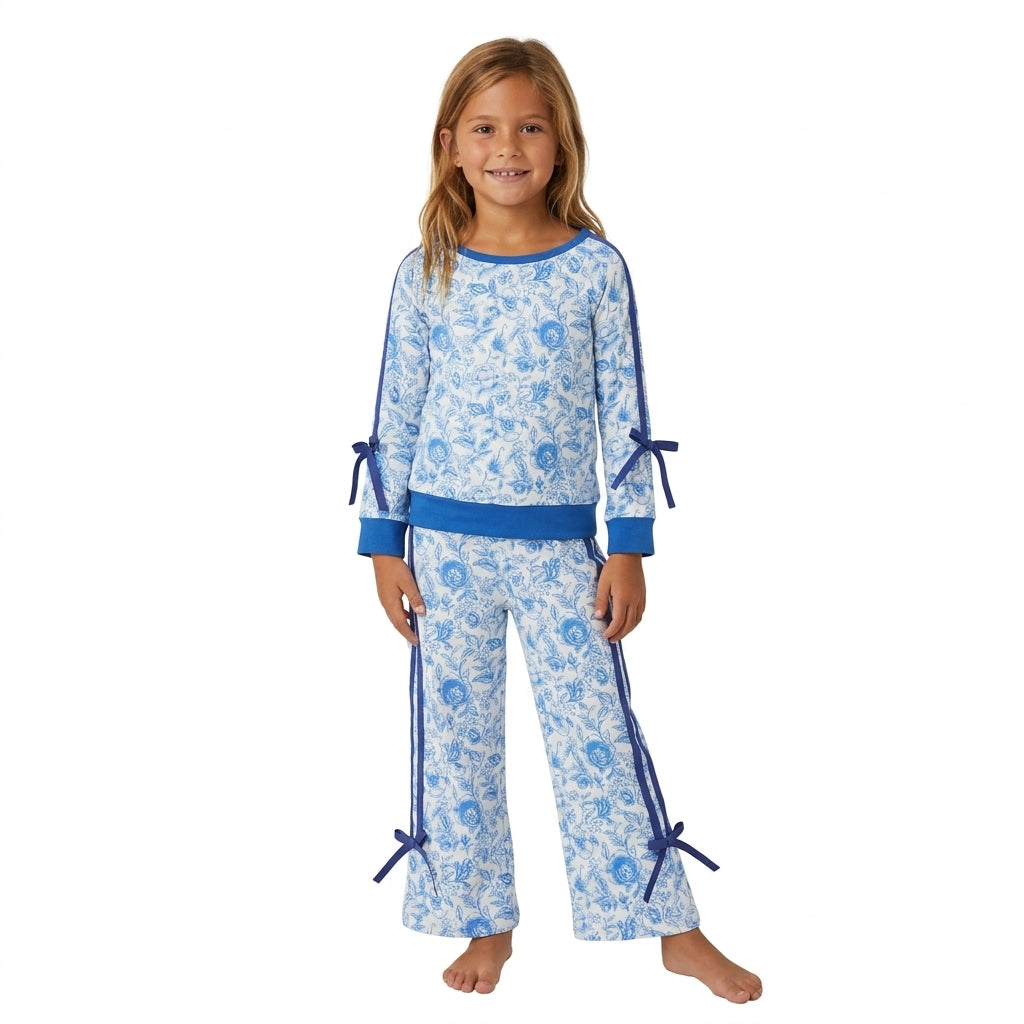 Long sleeves blue floral top pants kids girls outfits