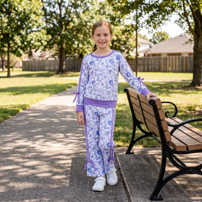 Long sleeves purple floral top pants girls clothing set