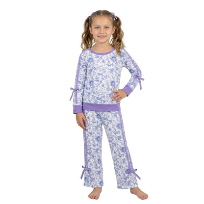 Long sleeves purple floral top pants girls clothing set