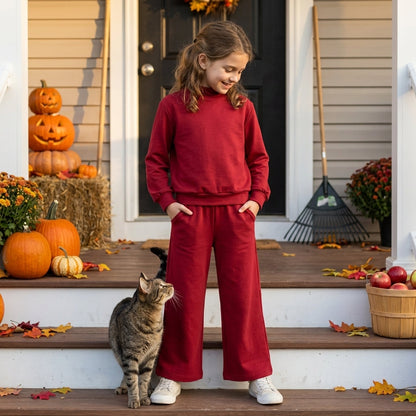 Long sleeves dark red cotton top pants kids girls outfits